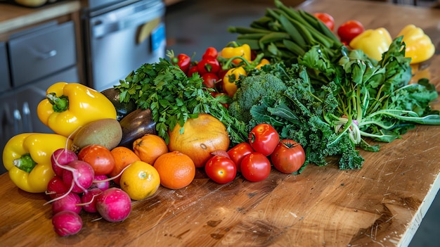 나무 테이블에 신선하고 건강한 유기농 채소와 과일