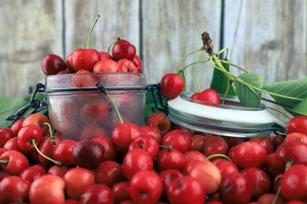 Fresh healthy real cherries from organic farming ecological harvest on wood background