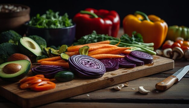 Фото Свежий полезный салат с органическими овощами и красочными ингредиентами, приготовленный в помещении с помощью искусственного интеллекта