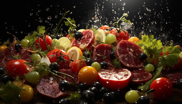 Foto insalata fresca e sana con pomodori maturi e olive gourmet generate dall'intelligenza artificiale