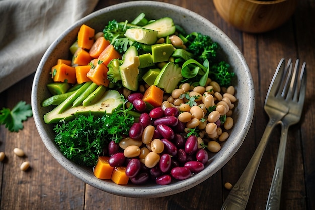 Foto fresca e sana ciotola da pranzo vegana con verdure e fagioli misti