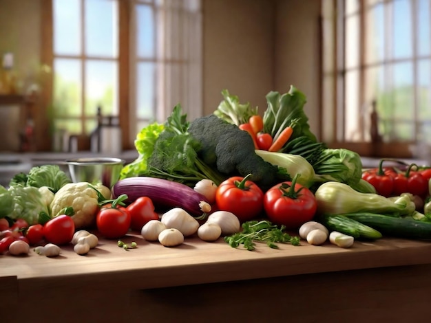 Photo fresh healthy vegetables on kitchen table