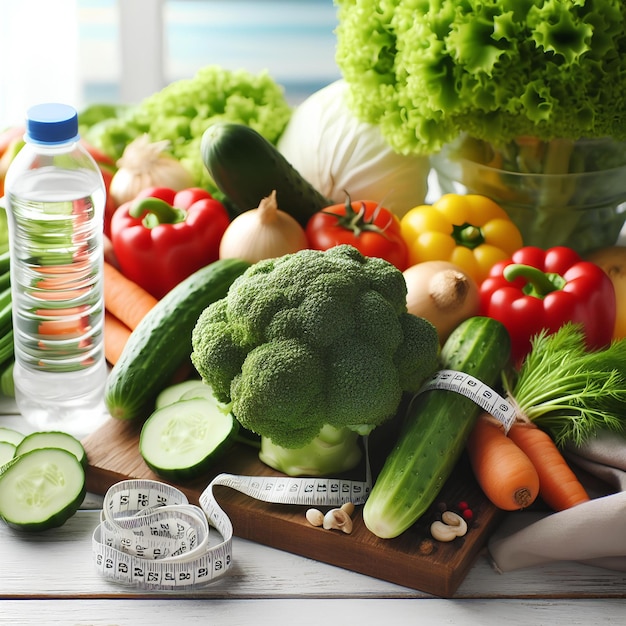 Свежие здоровые овощи, вода и измерительная лента на белом деревянном столе.
