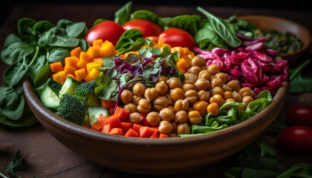 Fresh and healthy vegetarian salad with multi colored vegetables and fruits generated by AI