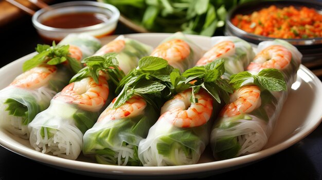 Fresh and healthy Vietnamese spring rolls with vegetables and shrimp