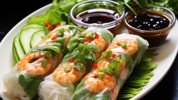 Photo fresh and healthy vietnamese spring rolls with vegetables and shrimp