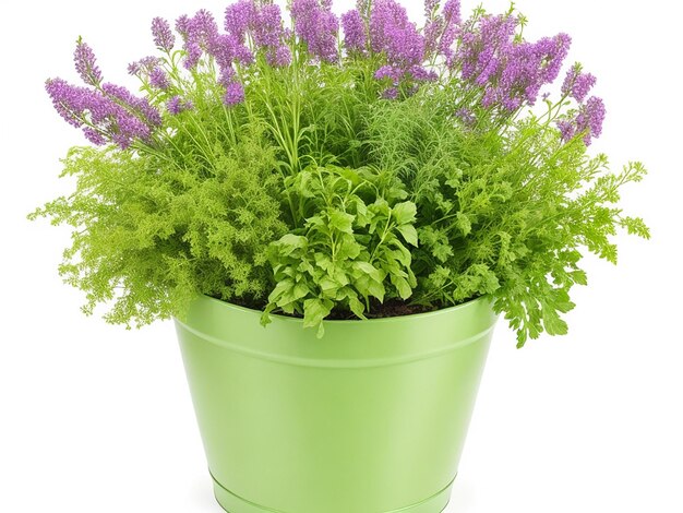 Fresh herb in colorful pail isolated on white