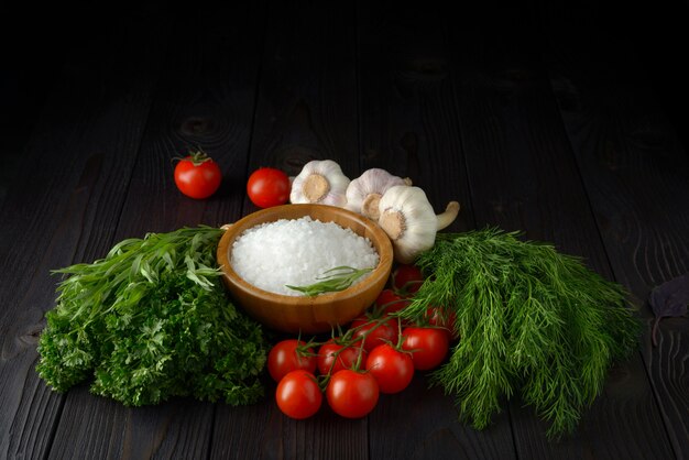 Fresh herbs collection on a wooden table