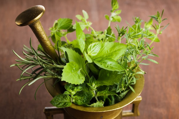 Fresh herbs in the copper mortar on the table