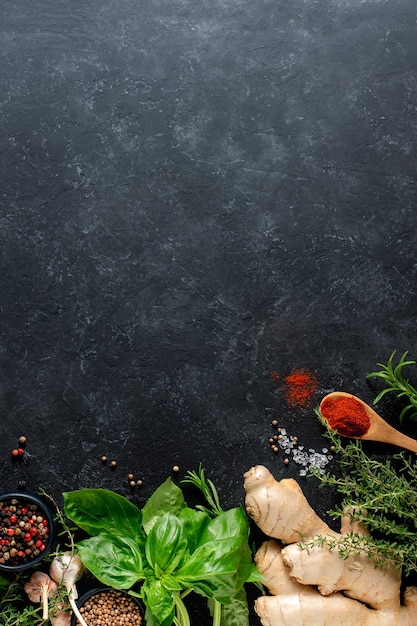 Photo fresh herbs, herbs, ginger and spices on a black background with copy space. culinary concept.