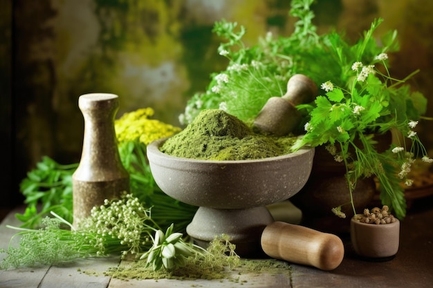 Fresh herbs in a mortar and pestle for grinding created with generative ai