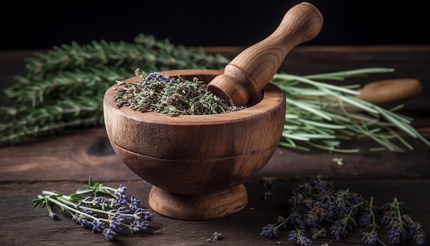 Fresh herbs in rustic mortar perfect seasoning generated by AI