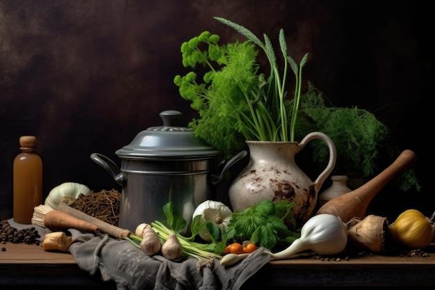 Fresh herbs and spices beside dutch oven created with generative ai