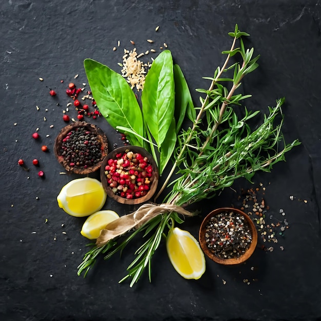 Fresh Herbs and Spices on Black Stone Background with Water Droplets Still Life Food Photography