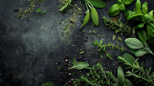 Fresh herbs and spices on a dark background