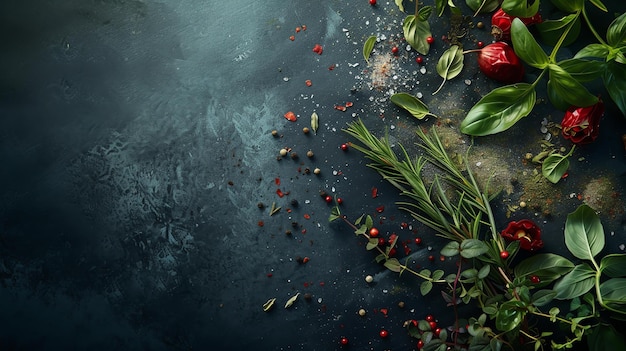 Photo fresh herbs and spices on a dark background