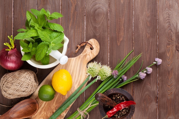 Fresh herbs and spices on garden table