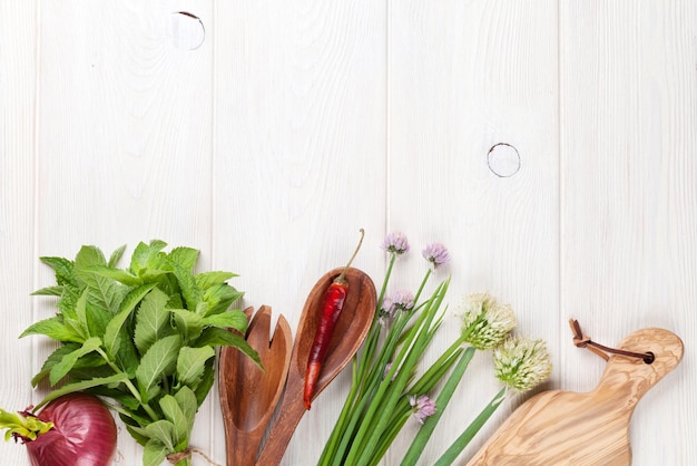 Fresh herbs and spices on garden table