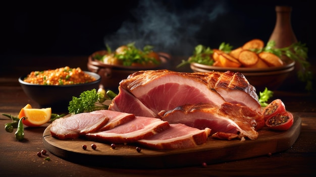 木製のテーブルには、新鮮なハーブとスパイシーなスパイスがスライスされたスモーク ギャモンを添えています。伝統的なプロセスとオーガニック食材を使用して作られた天然製品です。