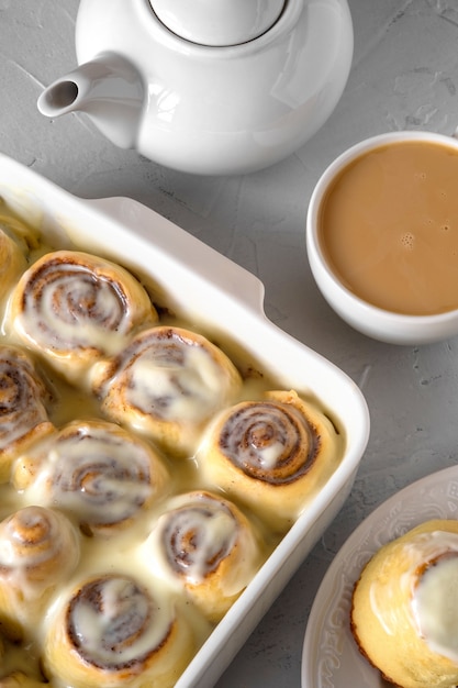 Fresh homemade bakery cinnamon rolls and coffee