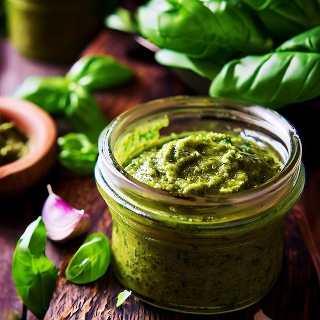 Fresh homemade basil pesto on a rustic wooden table Selective focus