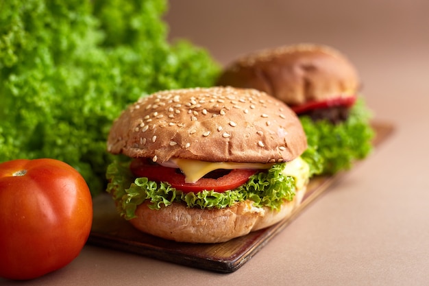 Fresh homemade beef burger with tomato, cheese, onion and salad