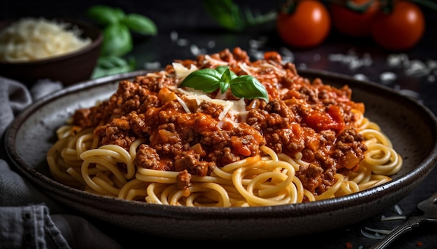 Fresh homemade bolognese sauce on pasta plate generated by AI