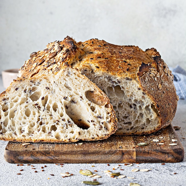 Fresh homemade bread slice from whole grain sourdough flour