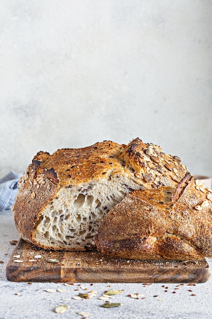 Fresh homemade bread slice from whole grain sourdough flour