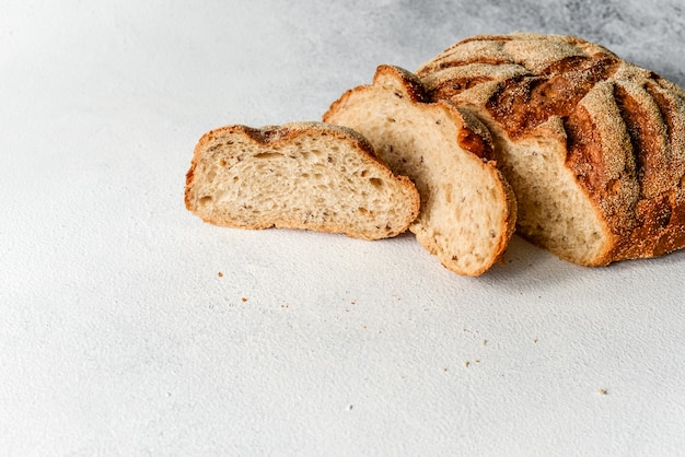 Fresh homemade buckwheat bread. healthy sourdough bread. background with place for text.