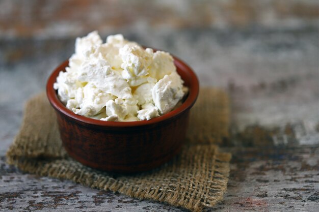 Fresh homemade cottage cheese in a bowl.