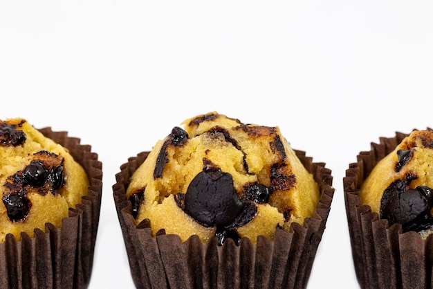 Fresh homemade delicious vanilla and chocolate muffins in paper cupcake holder isolated on white background With copy space for texts