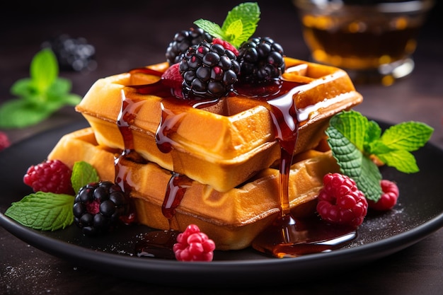 Fresh homemade food of berry belgian waffles with honey