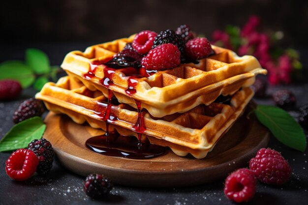 Fresh homemade food of berry belgian waffles with honey