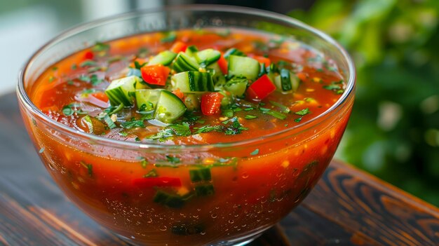 Fresh Homemade Garden Vegetable Soup in Glass Bowl on Outdoor Wooden Table