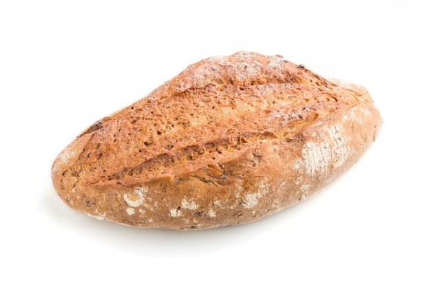 Fresh homemade golden bread with  different seeds isolated on white background. side view.