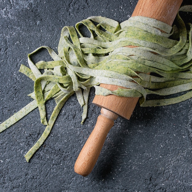 Fresh homemade green pasta tagliatelle