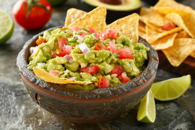 토르라 스 라임과 토마토를 은 전통적인 Molcajete에서 신선한 집에서 만든 Guacamole