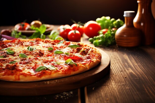 fresh homemade italian pizza on desk table side view Classic italian food