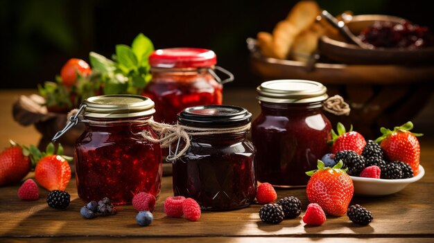 Photo fresh homemade jam and berries in jars on a wooden table