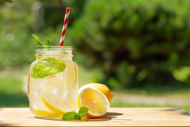 Fresh homemade lemonade with lemon and mint