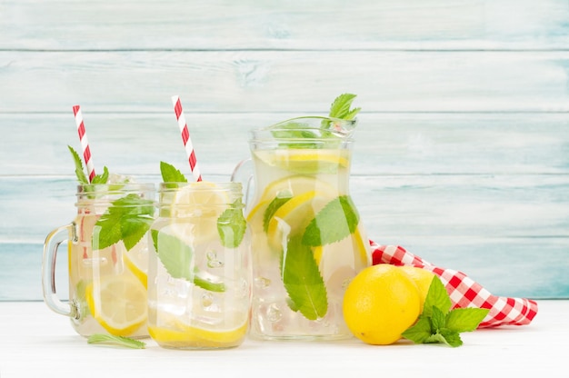 Fresh homemade lemonade with lemon and mint