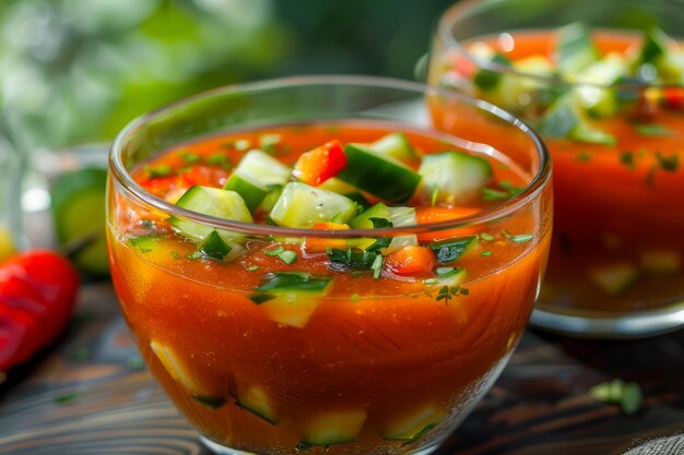 Свежий домашний смешанный овощный суп из гаспачо, подаваемый в стеклянных мисках с травами и специями на рустике