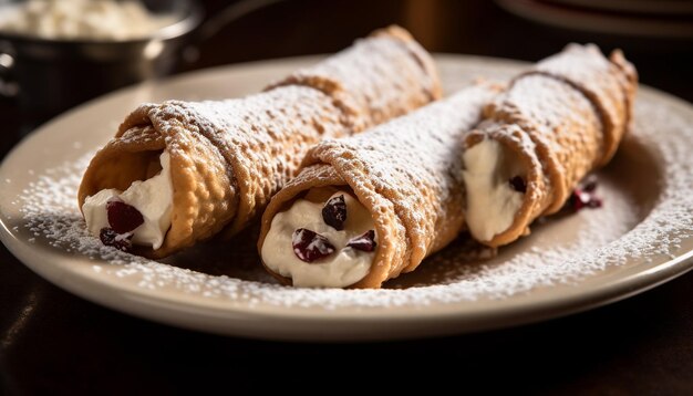 Foto una pila di pancake fresca fatta in casa con salsa al cioccolato e panna montata generata da intelligenza artificiale