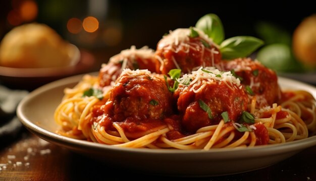 Fresh homemade pasta with tomato sauce meat and parmesan cheese generated by artificial intelligence