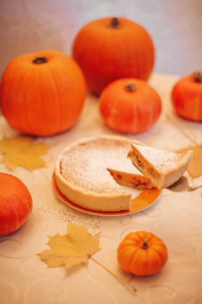 Fresh homemade pumpkin pie made for thanksgiving day at fall decoration