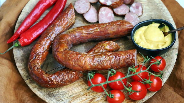 Fresh homemade sausages on a wooden tray