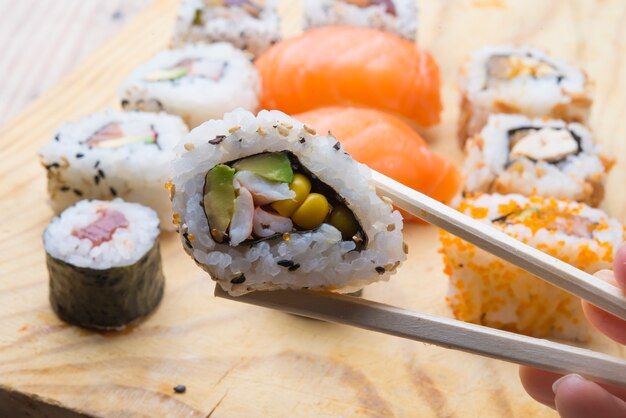 Fresh Homemade Sushi Roll against a background