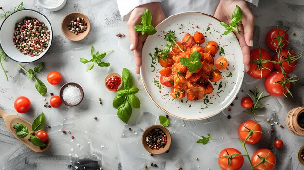 Фото Свежая домашняя томатная макаронная тарелка, украшенная здоровой итальянской кухней на мраморной столешнице, приготовление пищи с использованием натуральных ингредиентов, приготовка пищи вблизи ии