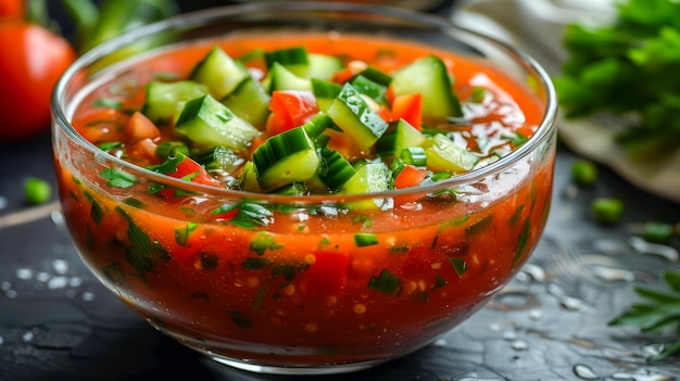 Свежий домашний овощный суп из гаспачо в стеклянной чаше на темной кухонной стойке с ингредиентами